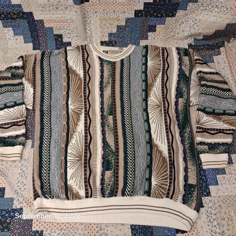 90s Vintage Cotton Traders 3D Knit Coogi Style Sweater Earth Tones Mens XLT